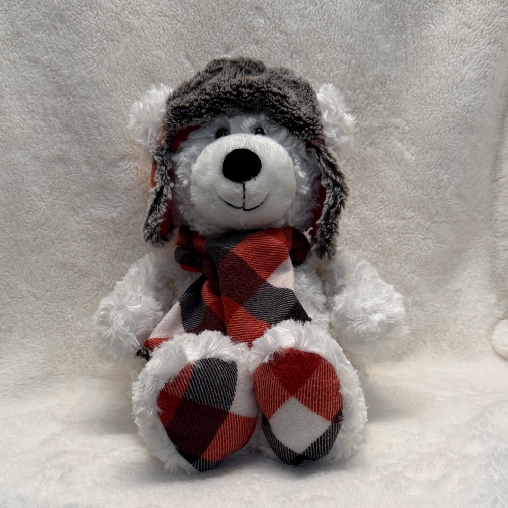 Gentle Treasures White Polar Bear Teddy Stuffed Plush Trapper Hat Scarf